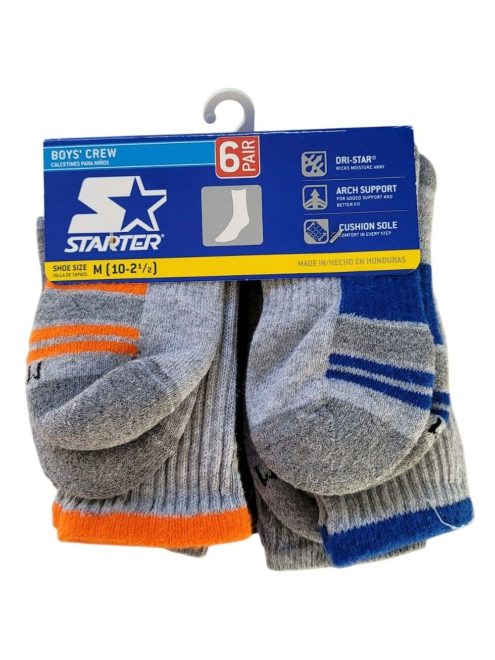Starter Crew Boys Socks Gray 10-2.5 M 6 Pair Ribbed Dri-Star Support Cushion NEW